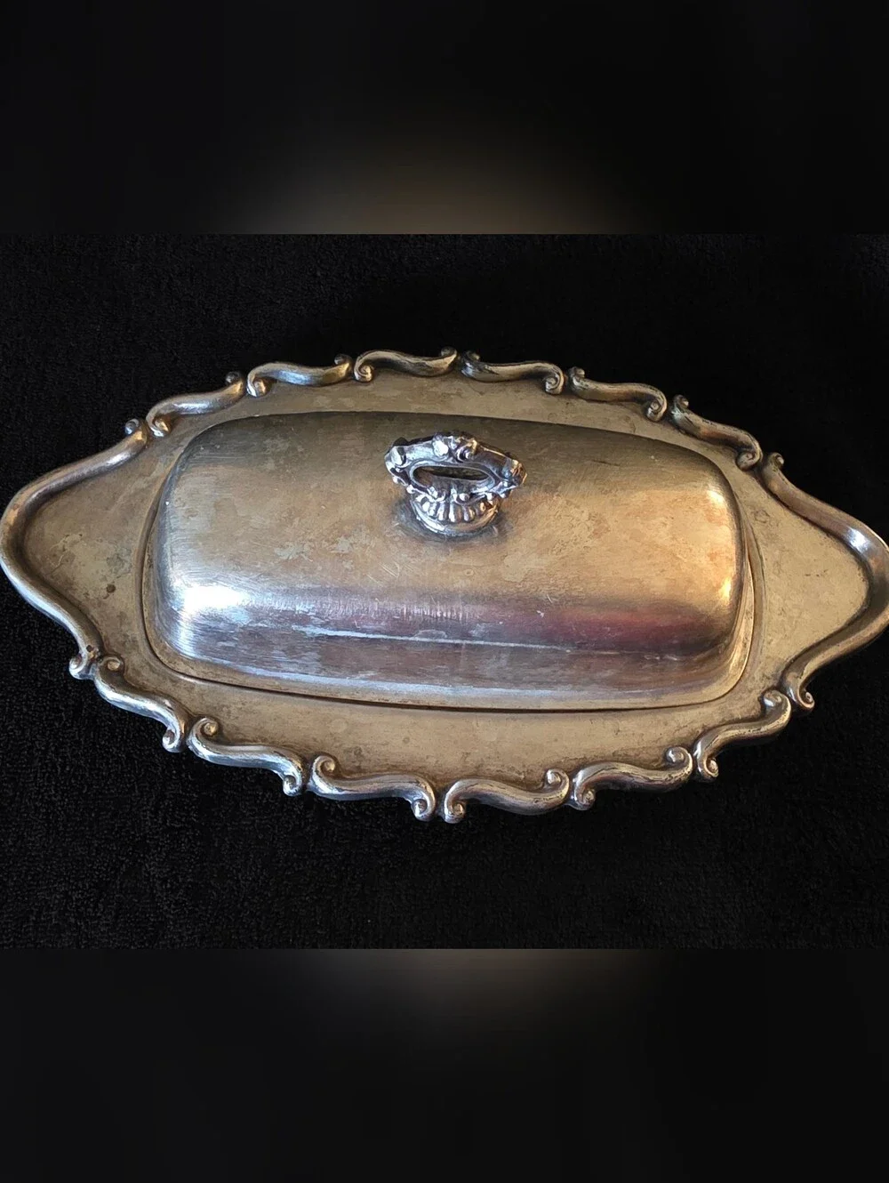 Vintage F.B. Rogers Silverplate Covered Butter Dish Ornate Scroll Patina
